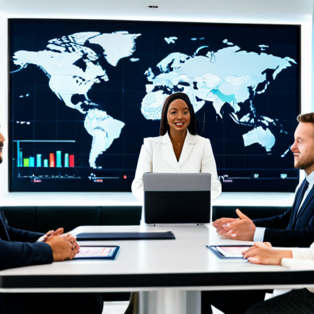 A diverse group of business professionals, including a man and a woman, fully clothed in modest, well-fitted business attire, are confidently engaged in a high-stakes virtual meeting in a modern, well-lit conference room. A large screen displays a global map overlayed with data points, symbolizing international trade. Their expressions are focused and collaborative, demonstrating effective cross-cultural communication and negotiation skills. The scene is captured with professional photography, showcasing high-resolution details and a clean aesthetic. perfect anatomy, correct proportions, natural pose, well-formed hands, proper finger count, natural body proportions, high quality, safe for work, appropriate content, fully clothed, professional.