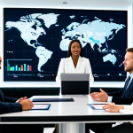 A diverse group of business professionals, including a man and a woman, fully clothed in modest, well-fitted business attire, are confidently engaged in a high-stakes virtual meeting in a modern, well-lit conference room. A large screen displays a global map overlayed with data points, symbolizing international trade. Their expressions are focused and collaborative, demonstrating effective cross-cultural communication and negotiation skills. The scene is captured with professional photography, showcasing high-resolution details and a clean aesthetic. perfect anatomy, correct proportions, natural pose, well-formed hands, proper finger count, natural body proportions, high quality, safe for work, appropriate content, fully clothed, professional.