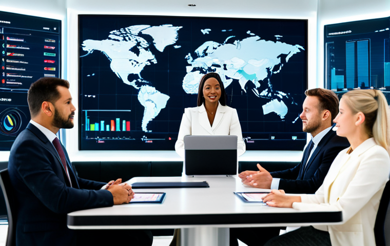 A diverse group of business professionals, including a man and a woman, fully clothed in modest, well-fitted business attire, are confidently engaged in a high-stakes virtual meeting in a modern, well-lit conference room. A large screen displays a global map overlayed with data points, symbolizing international trade. Their expressions are focused and collaborative, demonstrating effective cross-cultural communication and negotiation skills. The scene is captured with professional photography, showcasing high-resolution details and a clean aesthetic. perfect anatomy, correct proportions, natural pose, well-formed hands, proper finger count, natural body proportions, high quality, safe for work, appropriate content, fully clothed, professional.