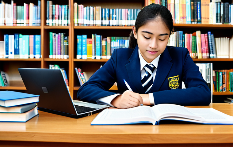**
A professional student studying international trade, fully clothed in appropriate school attire, working at a desk with books and a laptop in a bright library, safe for work, perfect anatomy, correct proportions, family-friendly, professional study environment, high quality.
**