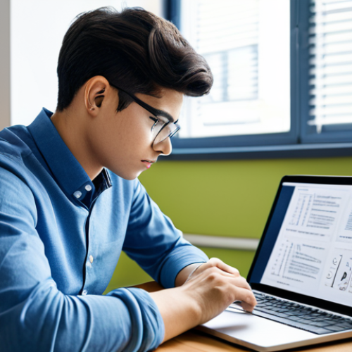 Home 6 무역영어 학습 플래너 작성법 - Personalized Learning**
A student wearing glasses, studying with a laptop at a bright desk, surroun...